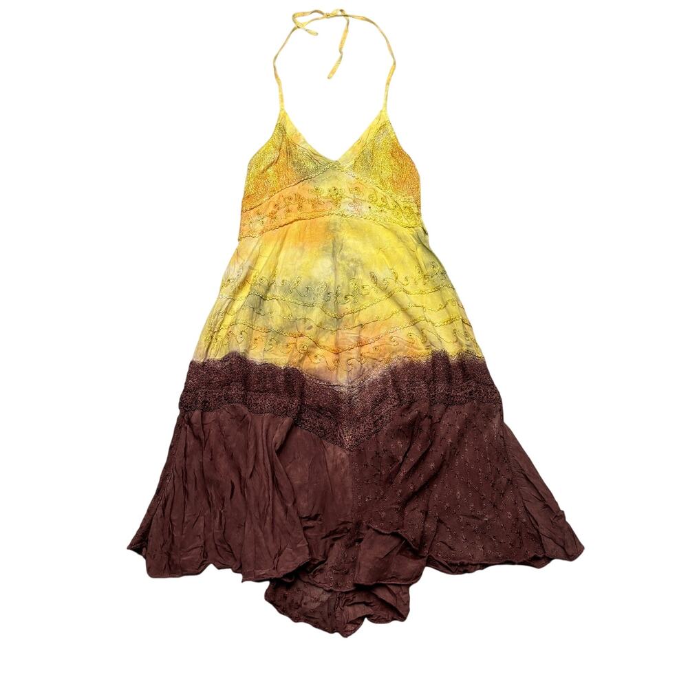 Vintage L.S.I. Tie Dye Halter Dress Women's Medium Embroidered Boho Hippie
